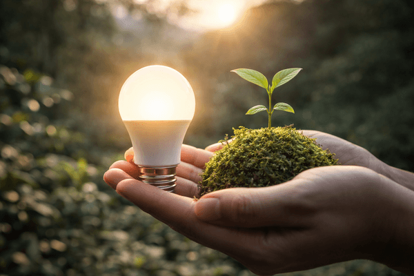 Leuchtende LED-Lampe und junge Pflanze in Händen als Symbol für nachhaltige Beleuchtung und umweltfreundliche Energie.